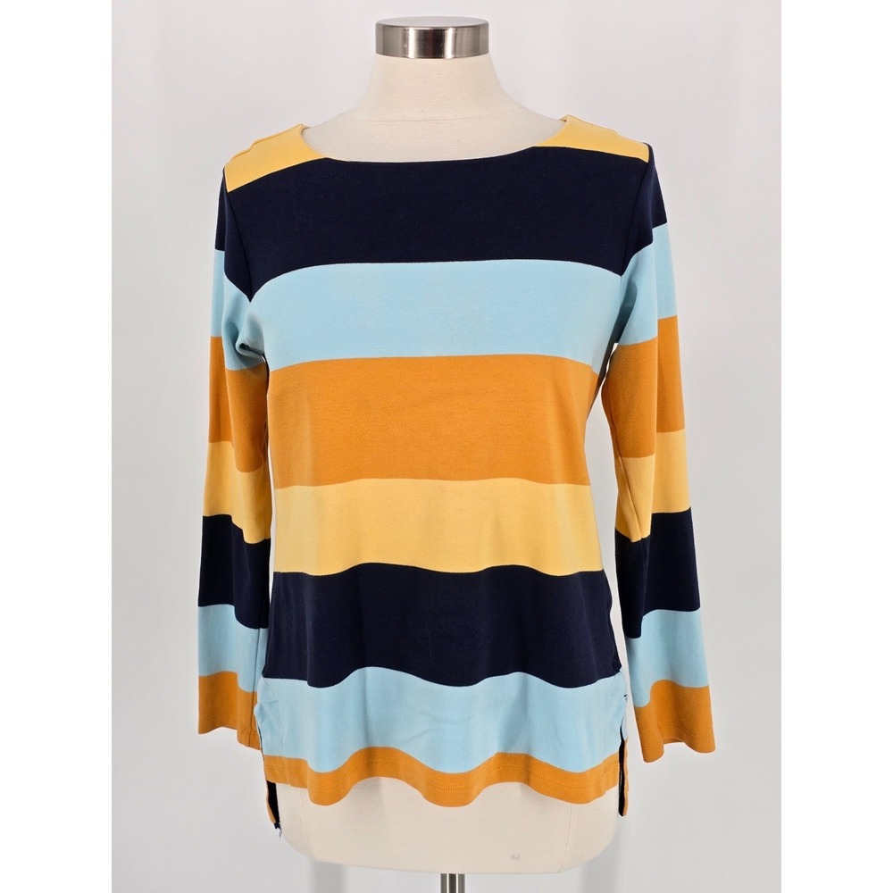 Brooks Brothers T Shirt Womens M Blue Yellow Supima Cotton Stripe Long Sleeve